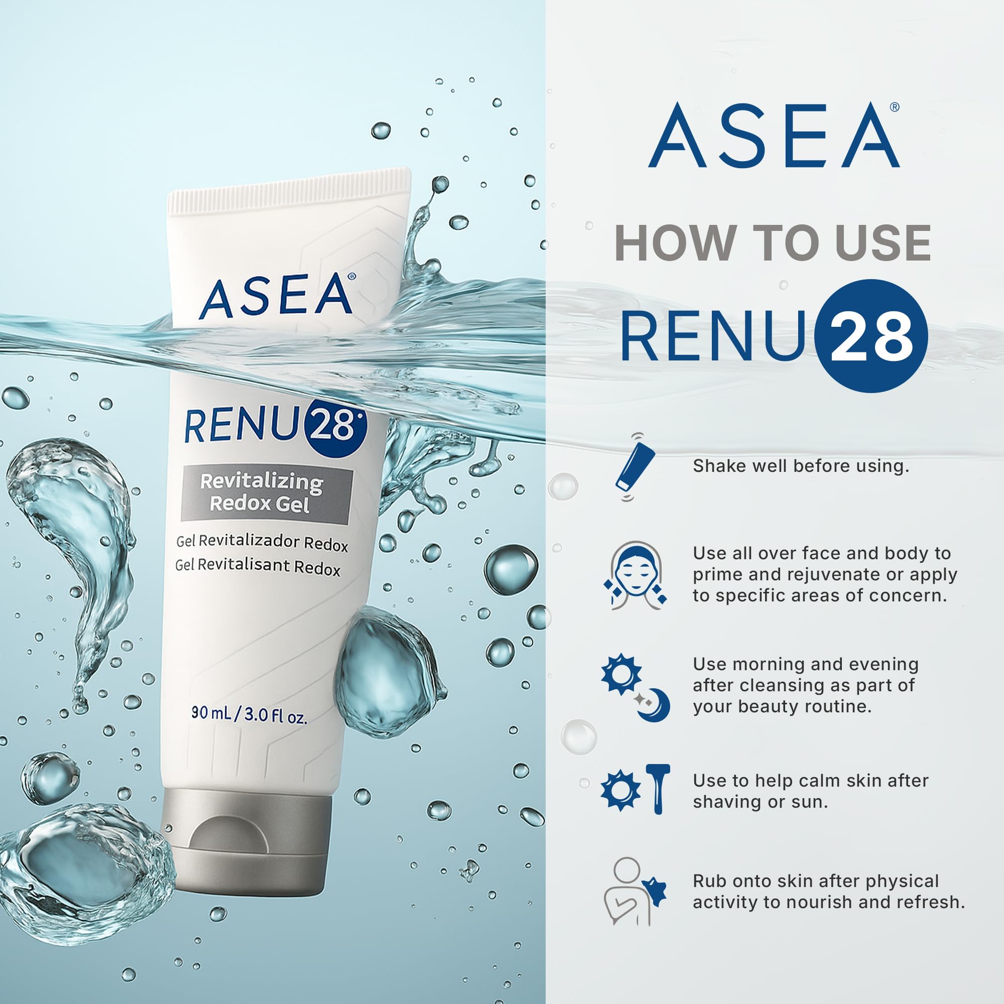 Asea RENU28 gel suitable for face and body care routines.