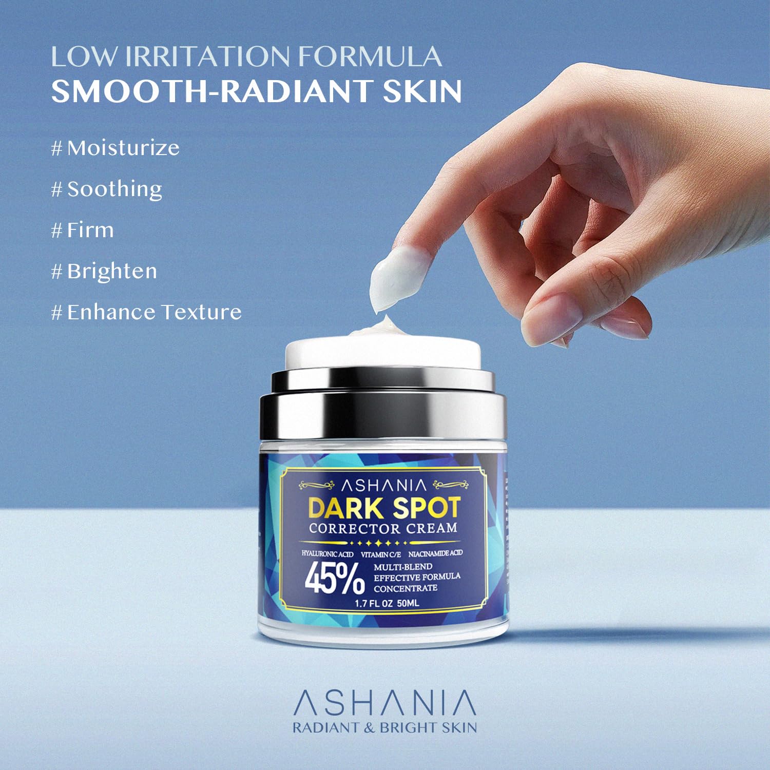 Ashania Corrector de manchas oscuras en crema, apoya reducción de manchas visibles.