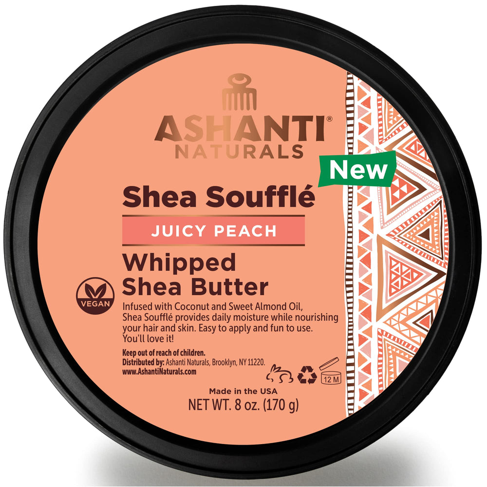 Ashanti Naturals manteca de karité, textura cremosa, hidratación diaria con fragancia Juicy Peach