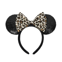 ASHONE Orejas de Ratón con estampado Leopardo y lazo brillante, ideales para fiestas temáticas.