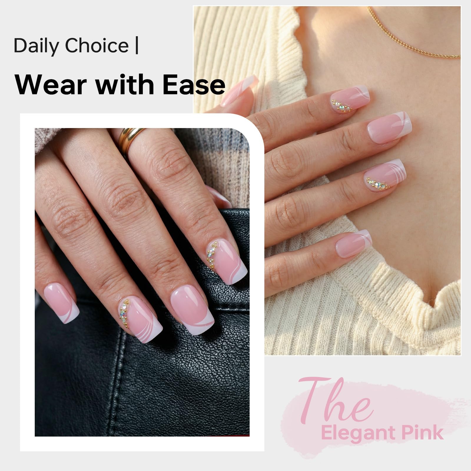 ASONRL pink-tip nails with gold rhinestones add elegant sparkle.