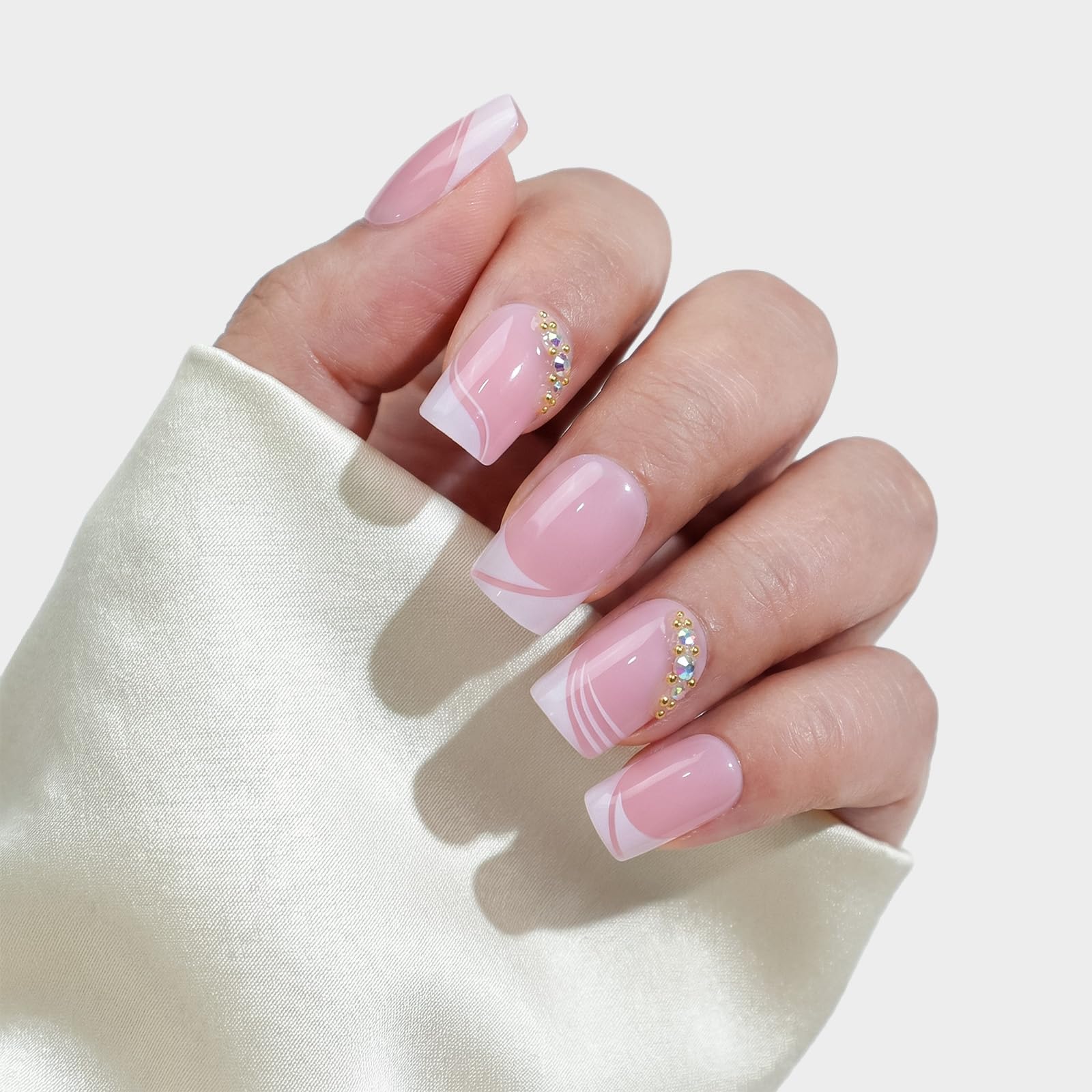 ASONRL short medium square French white-edge nails for a chic, versatile look.