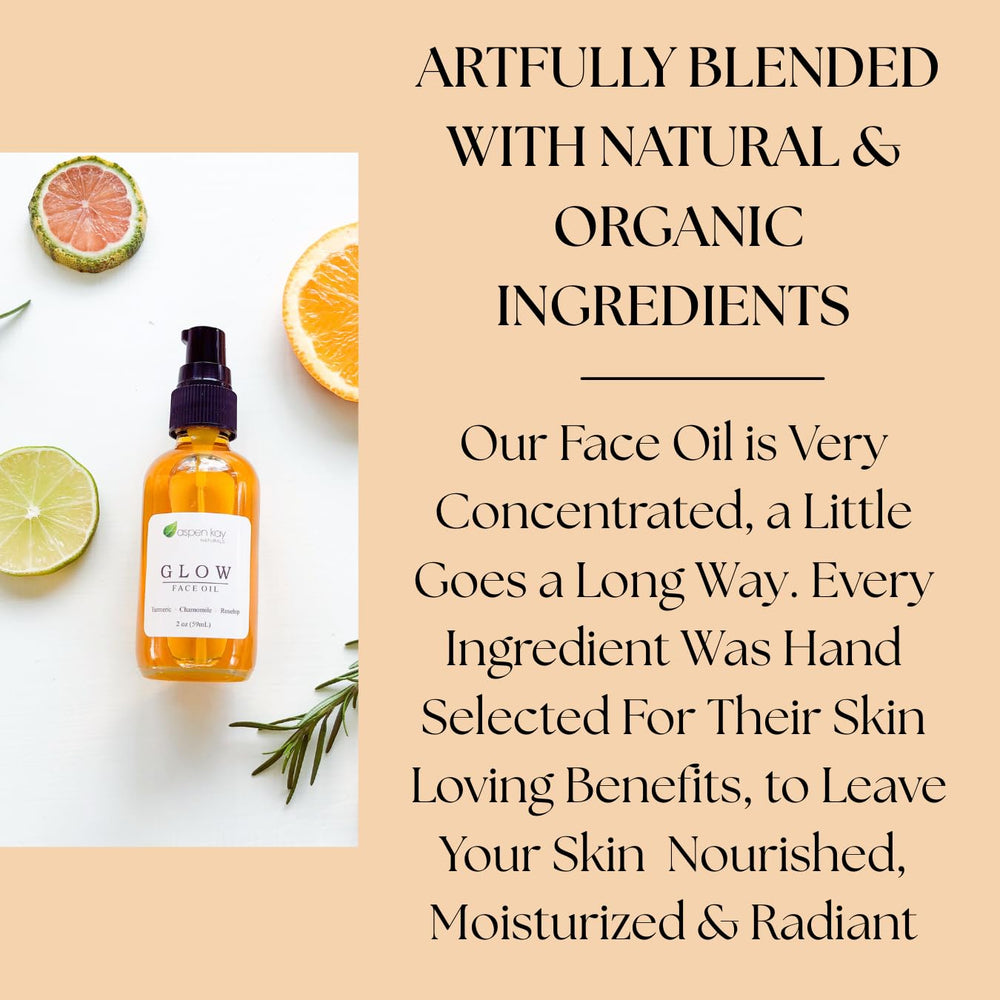 Aspen Kay Naturals Glow bottle on bathroom counter for daily skincare.