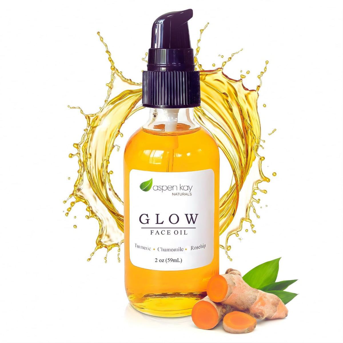 Aspen Kay Naturals Glow turmeric rosehip face oil bottle on wood for radiant skin.