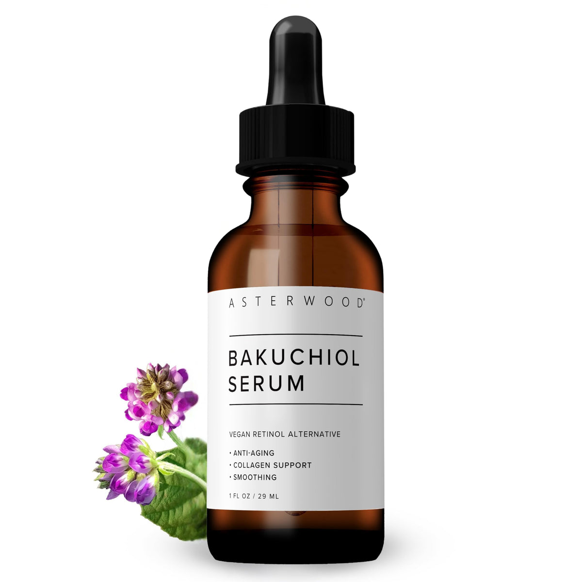 Asterwood Bakuchiol Serum, botella elegante para hidratación diaria.