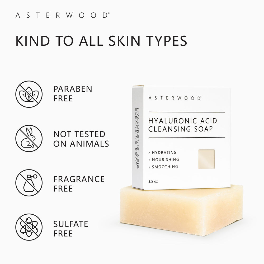 Asterwood Jabón limpiador hialurónico, envase compacto para ritual matutino.