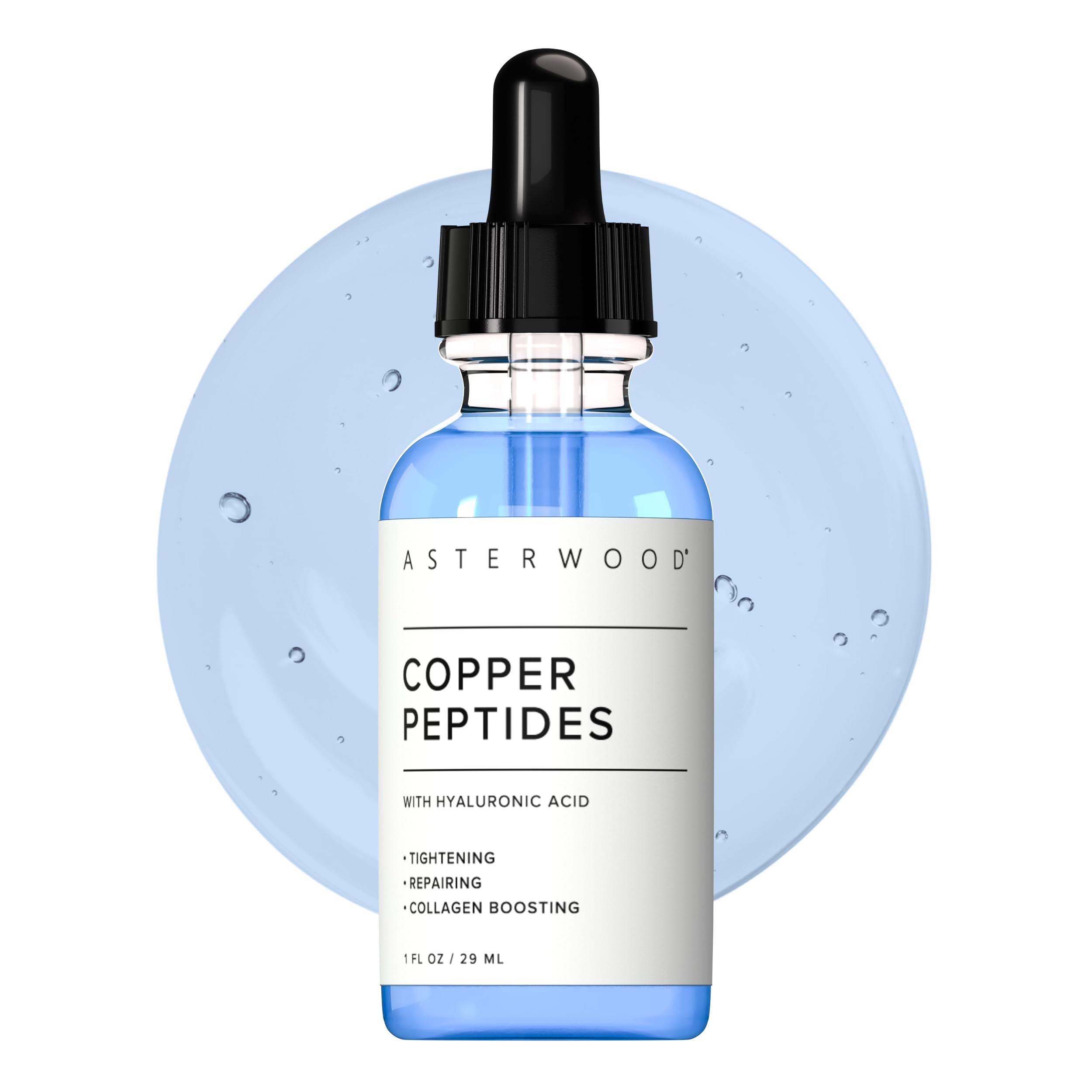 Asterwood Copper Peptides Serum bottle highlighted for anti-aging support