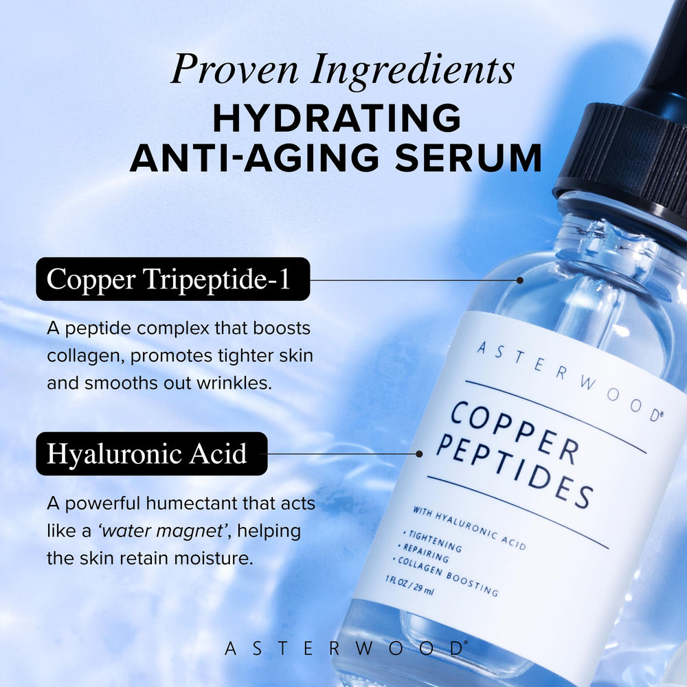 Asterwood Copper Peptides Serum texture closeup reveals quick-absorbing, lightweight formula