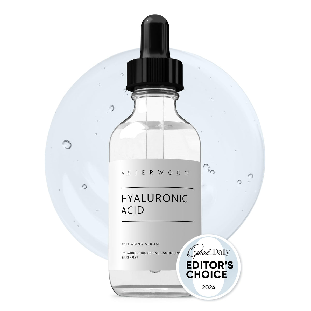 Asterwood Hyaluronic Acid Serum bottle with dropper ready for precise application and hydration