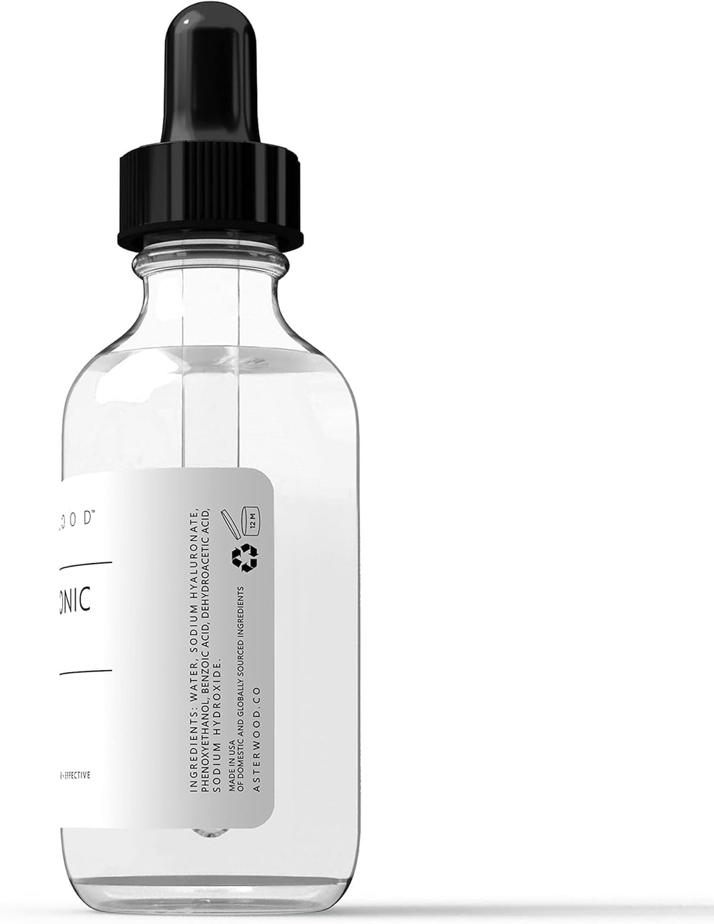 Asterwood Hyaluronic Serum fragrance-free label indicating sensitive skin suitability.