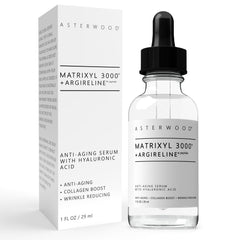Asterwood Matrixyl 3000 + Argireline en frasco, fácil uso diario para piel firme.