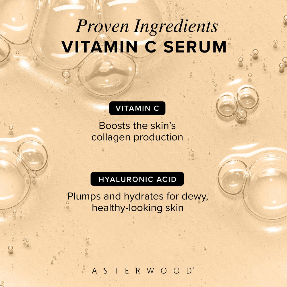 Sérum Asterwood Vitamina C, aplicación diaria en la palma para cuidado facial.