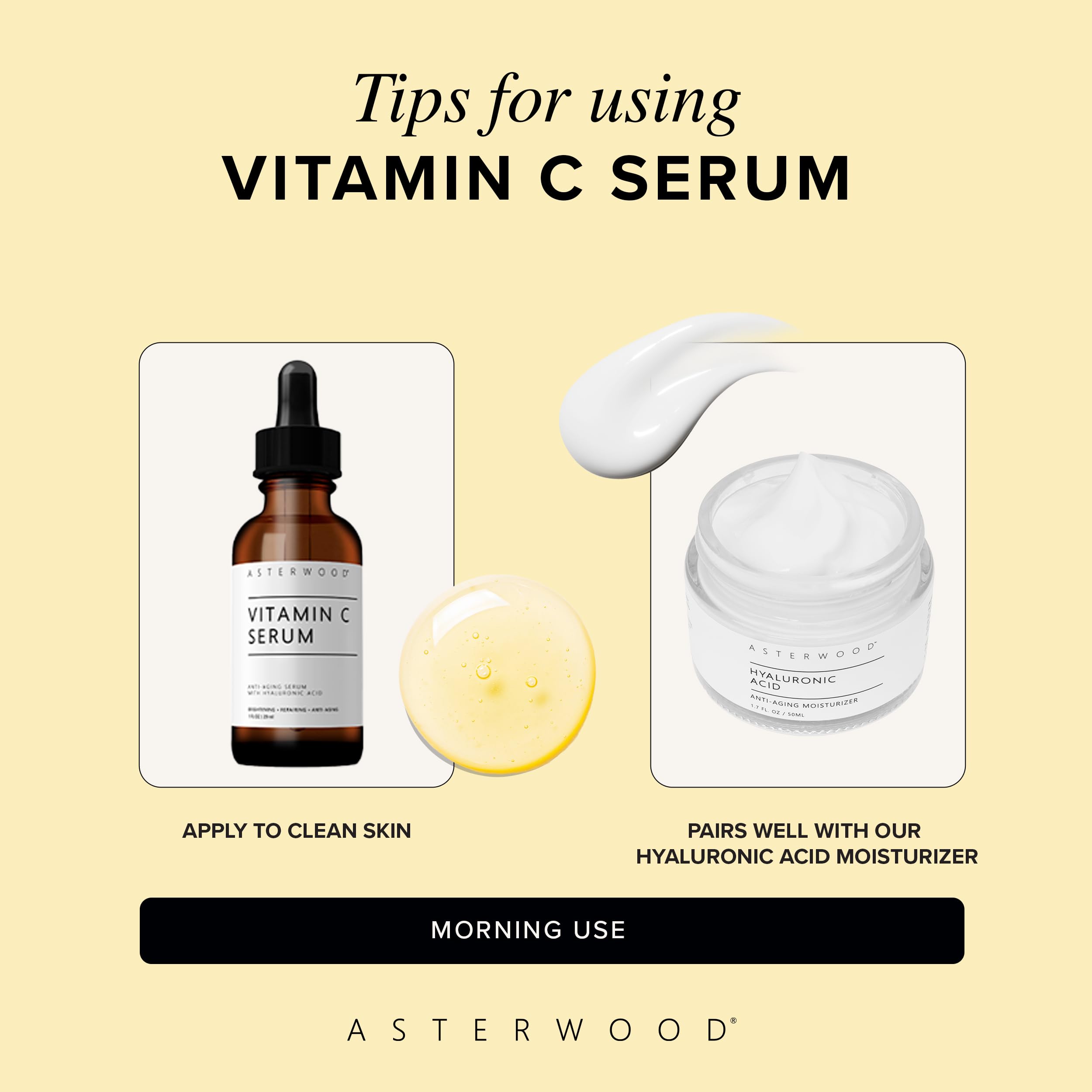 Sérum Asterwood Vitamina C, envase de vidrio oscuro mantiene la fórmula estable.