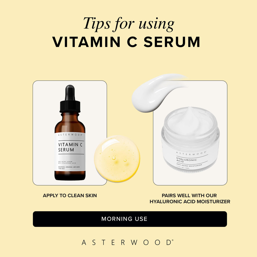 Sérum Asterwood Vitamina C, envase de vidrio oscuro mantiene la fórmula estable.