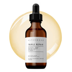 Asterwood Triple Repair Serum bottle closeup featuring fragrance-free formula for daily use
