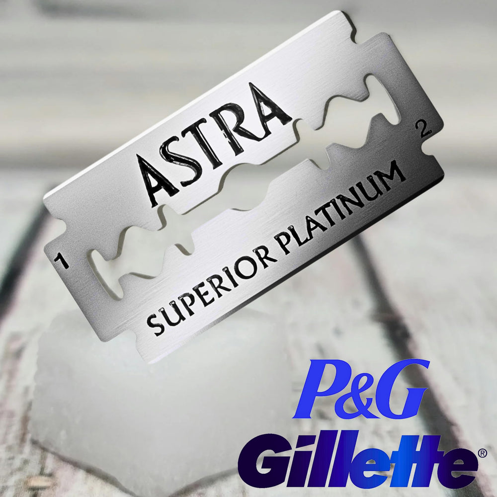 Astra Platinum blades stored in a compact travel case.