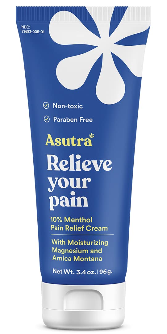 ASUTRA Muscle Pain Relief Cream tube closeup showing cooling formula and label