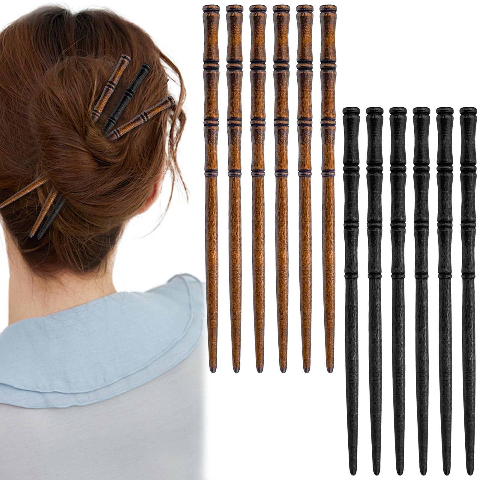 Aswewamt palillos de madera vintage, punta de bambú: fijación suave para cabello