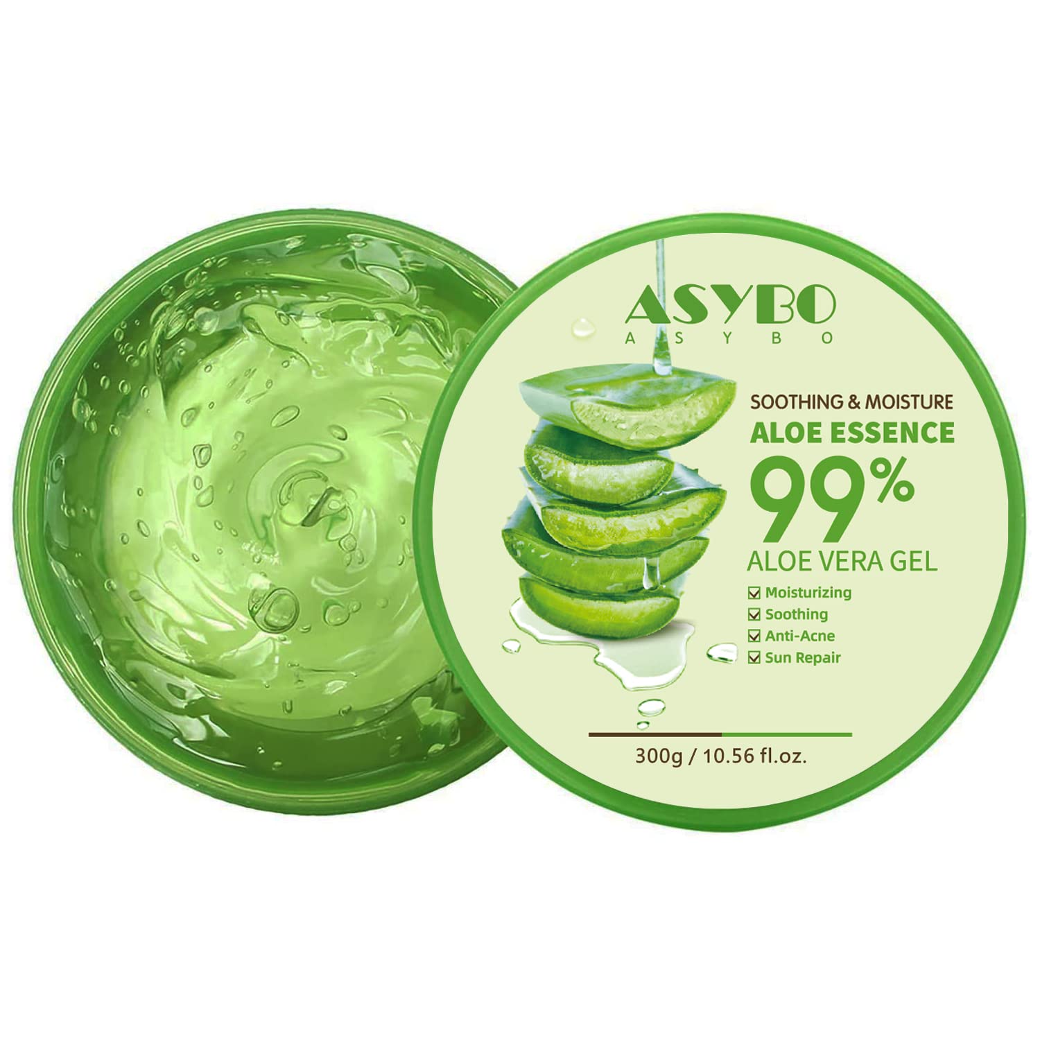ASYBO Aloe Vera Gel 300ml bottle pour shows easy application and hydration