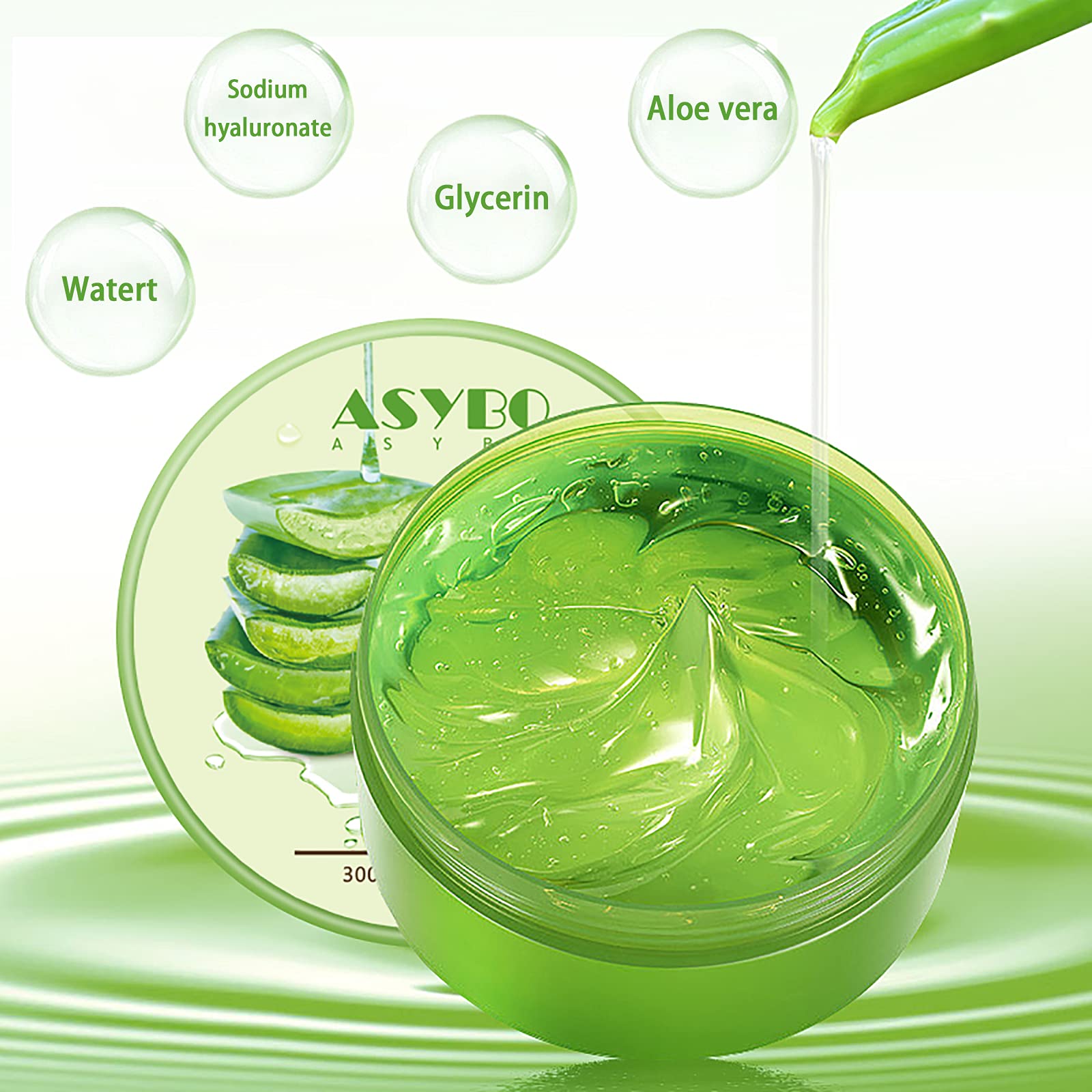 ASYBO Aloe Vera Gel close-up texture reveals smooth, pourable consistency
