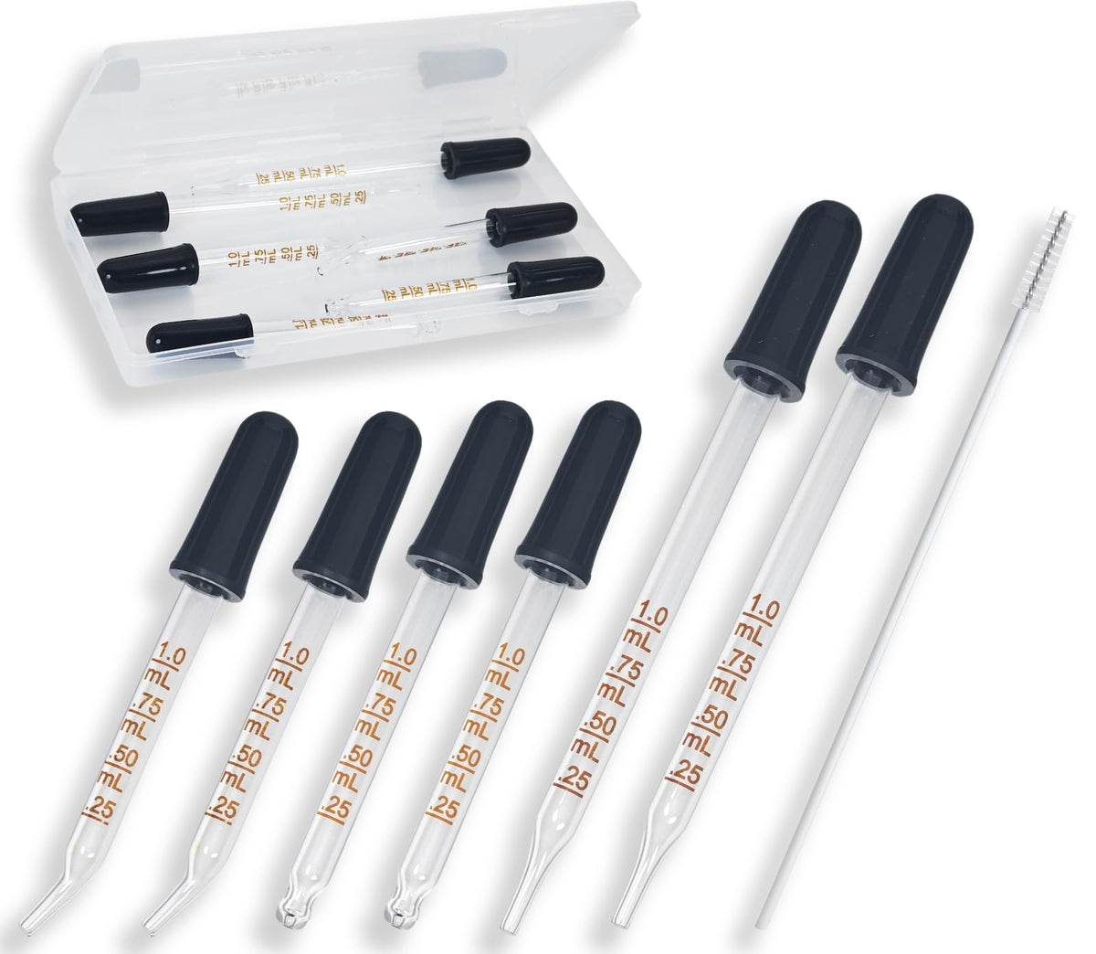 Atdcoek 6-pack glass pipette droppers with bent tips for precise liquid transfer.