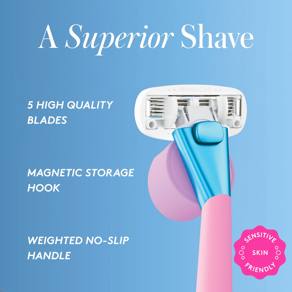 Athena Club five-blade cartridge with spaced blades for a gentle shave.