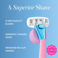 Athena Club five-blade cartridge with spaced blades for a gentle shave.