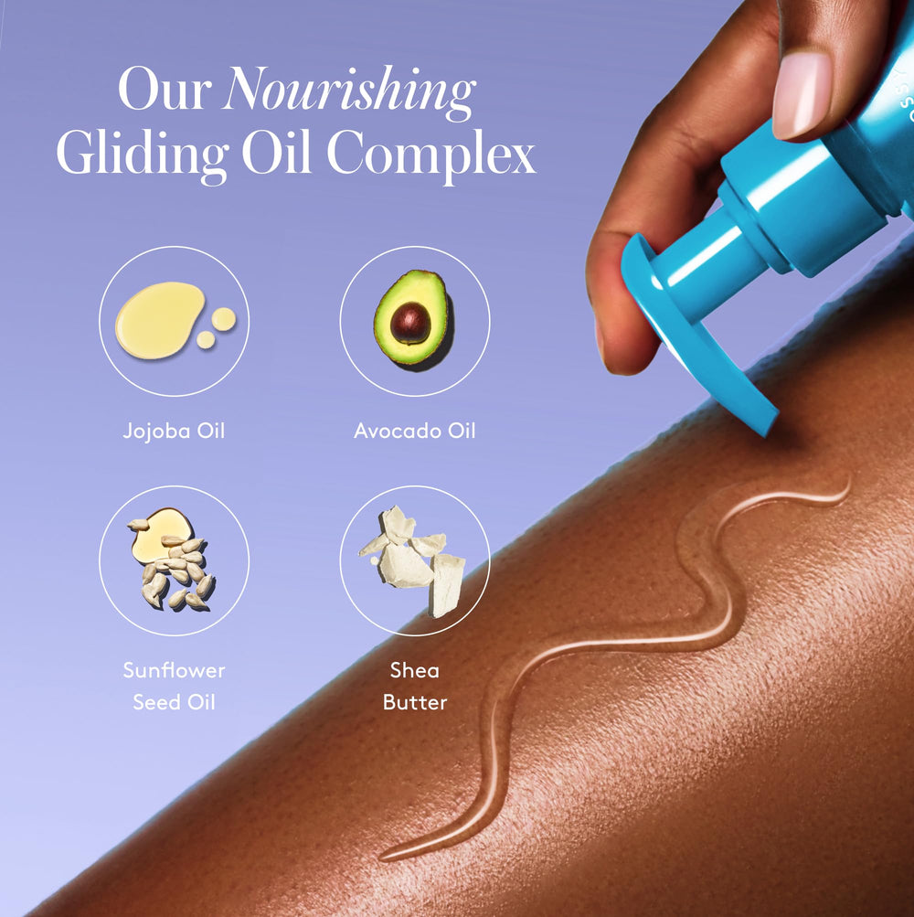 Athena Club Shave Oil ingredients panel notes jojoba and avocado for hydration.