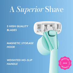 Athena Club 5-blade cartridge features shea butter and hyaluronic acid for smooth glide.