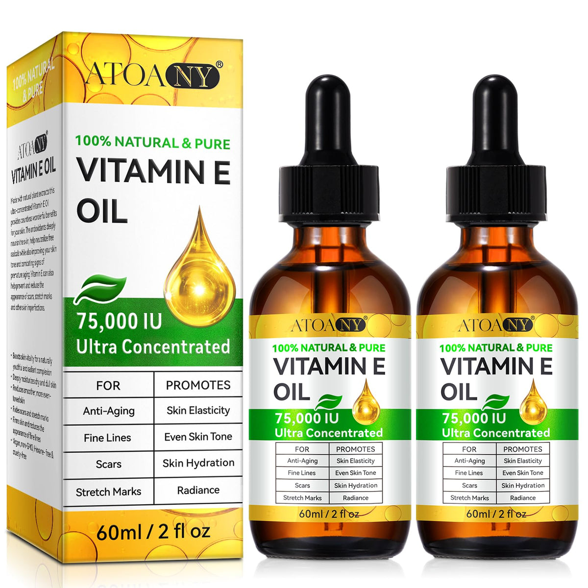 ATOANY Aceite de Vitamina E 75,000 UI en frascos para hidratación suave.