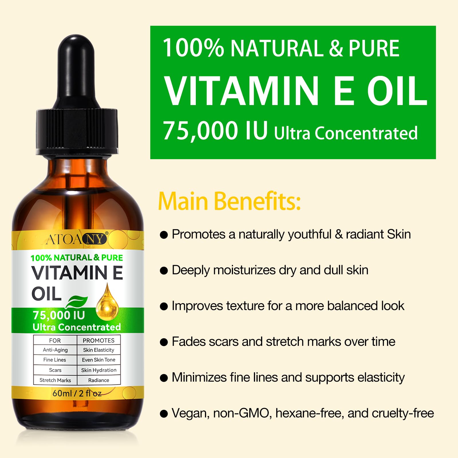 ATOANY Vitamina E para piel facial, suaviza y aporta brillo natural.
