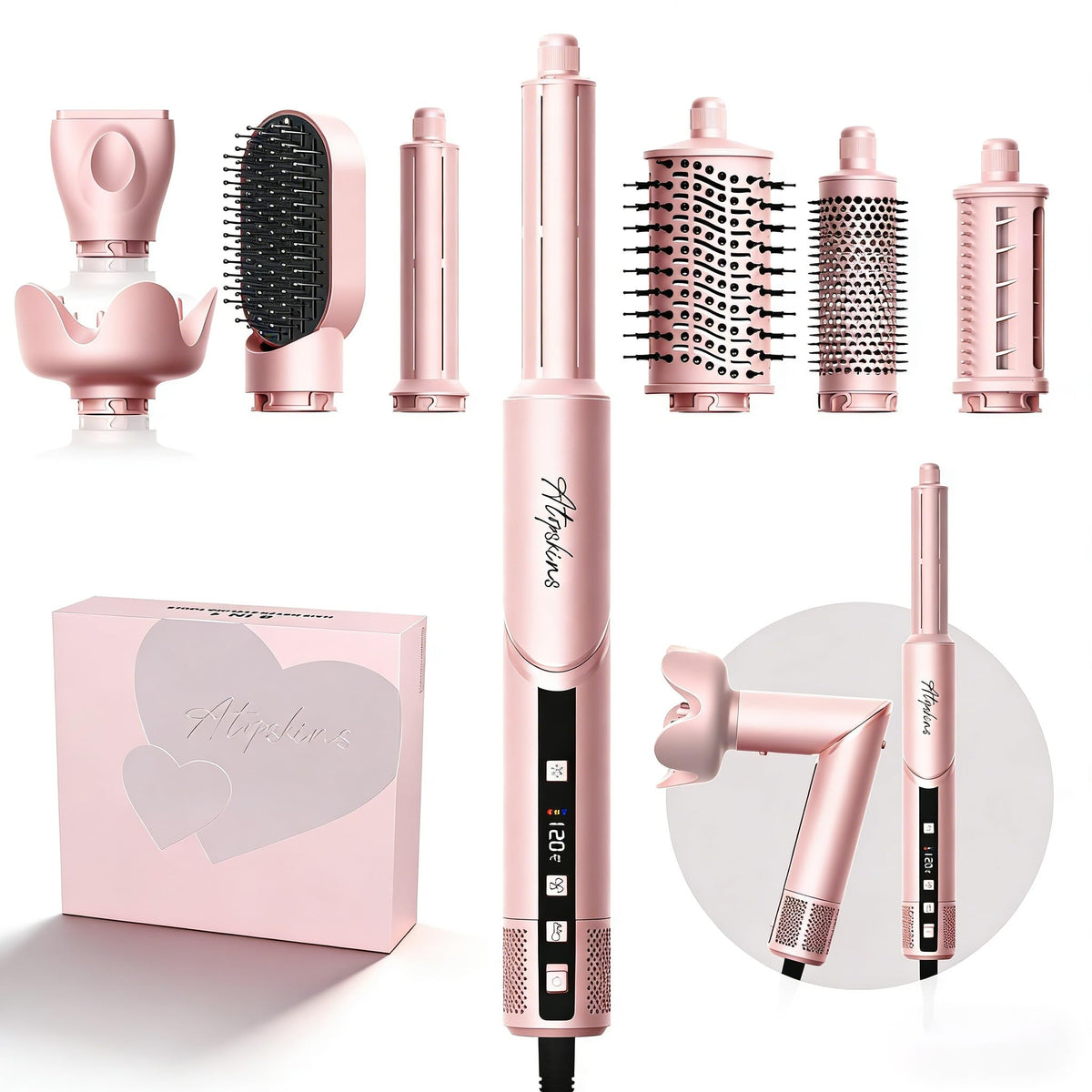 Atopskins 8-in-1 hair dryer brush with foldable LCD display for compact travel styling
