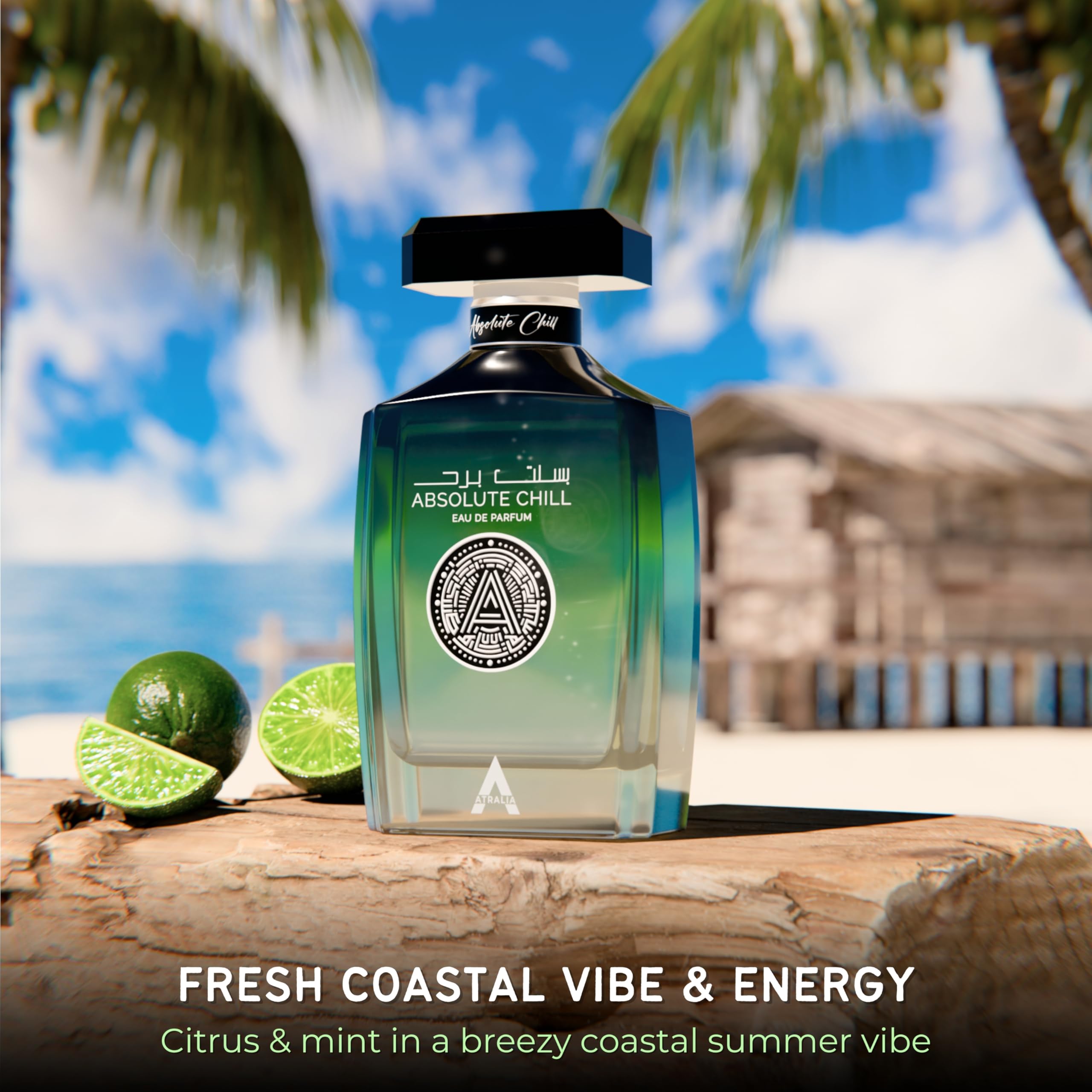 Atralia Absolute Chill citrus top notes scene highlights orange and mint for zesty energy.