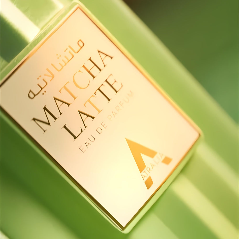 Atralia Matcha Latte lifestyle shot suggests versatile unisex fragrance for work or leisure