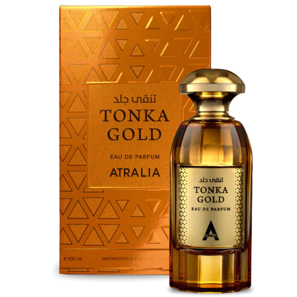 Atralia Tonka Gold bottle front view highlighting unisex elegance.