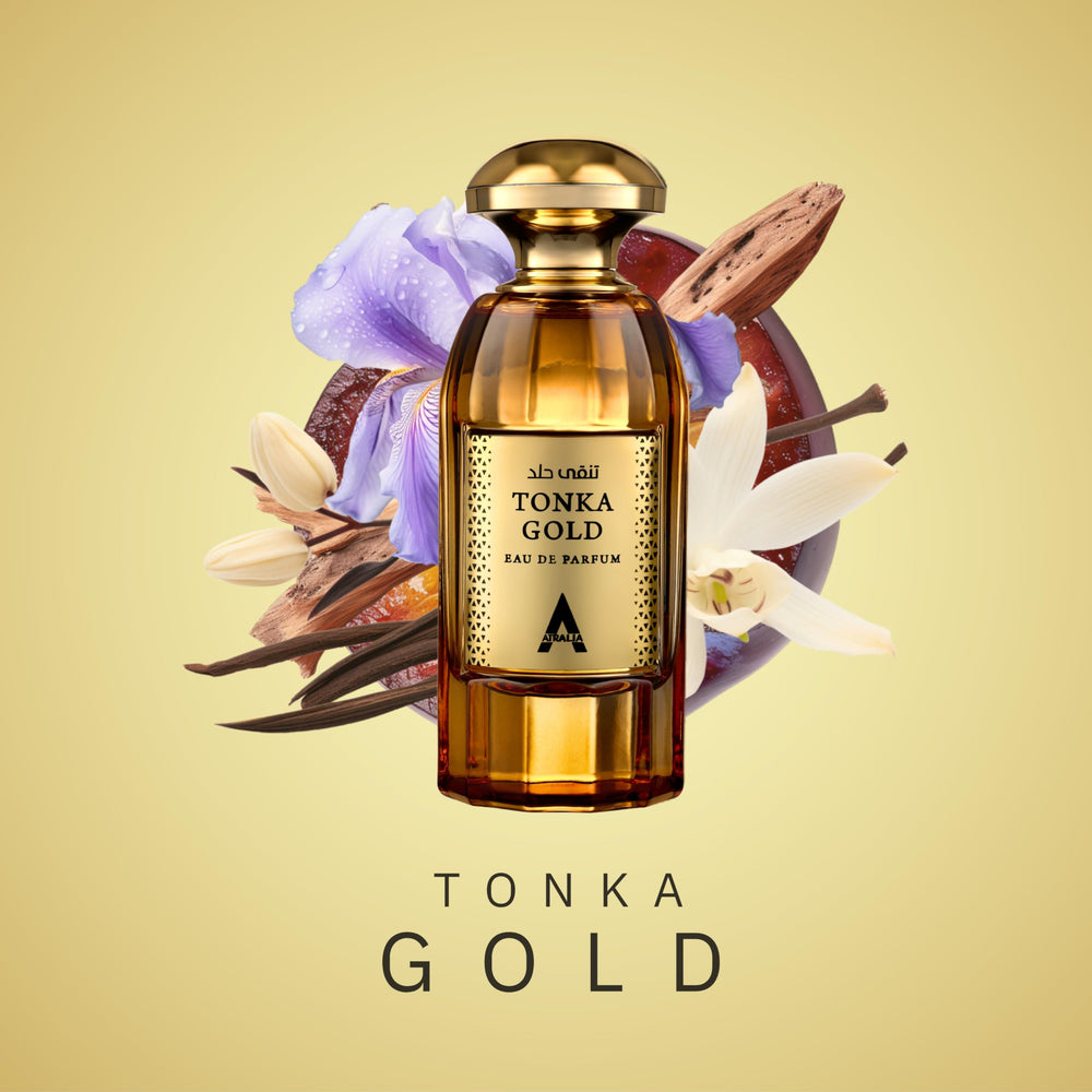 Atralia Tonka Gold bottle side profile with sleek design.