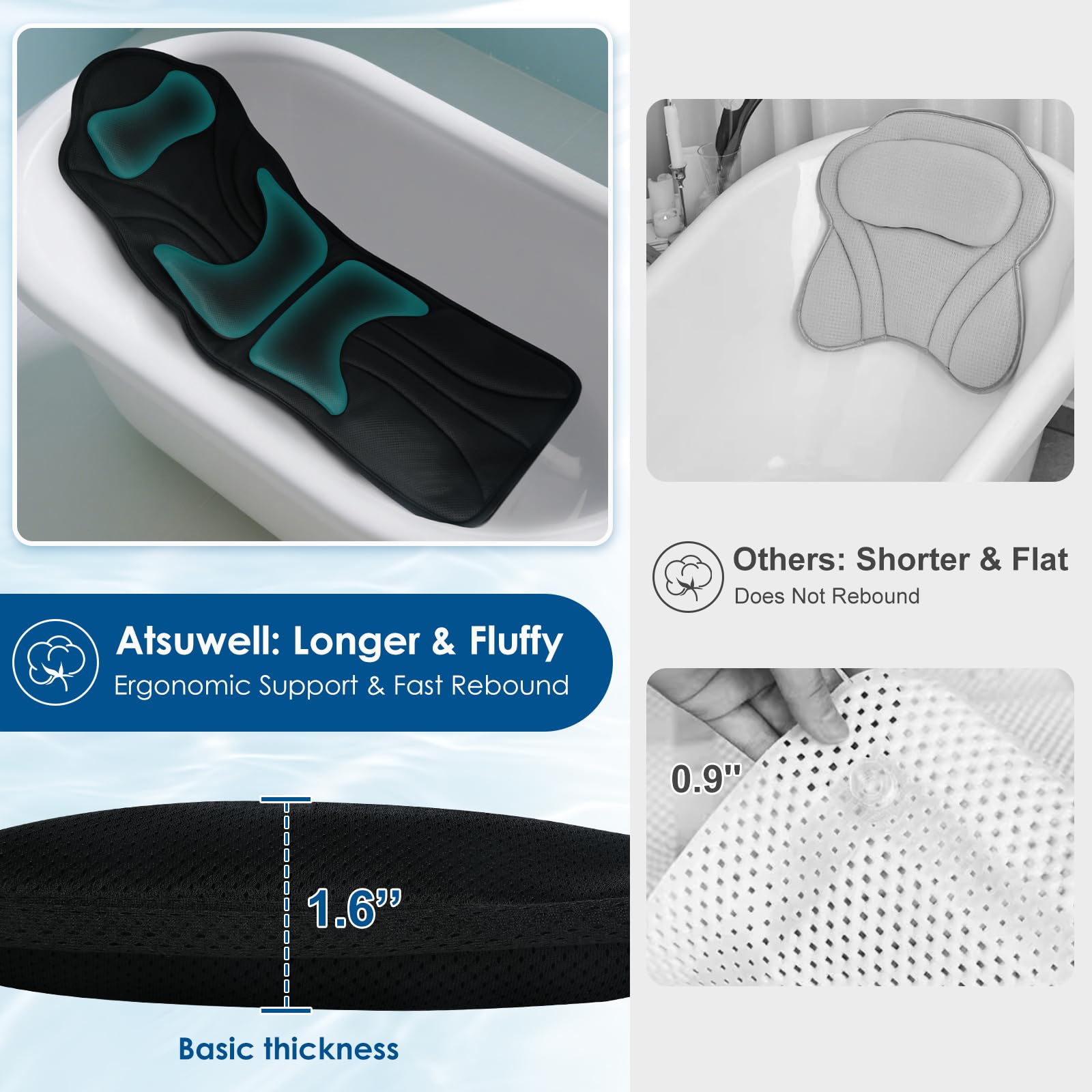 Atsuwell full body bath pillow dual hooks dry and store after use.