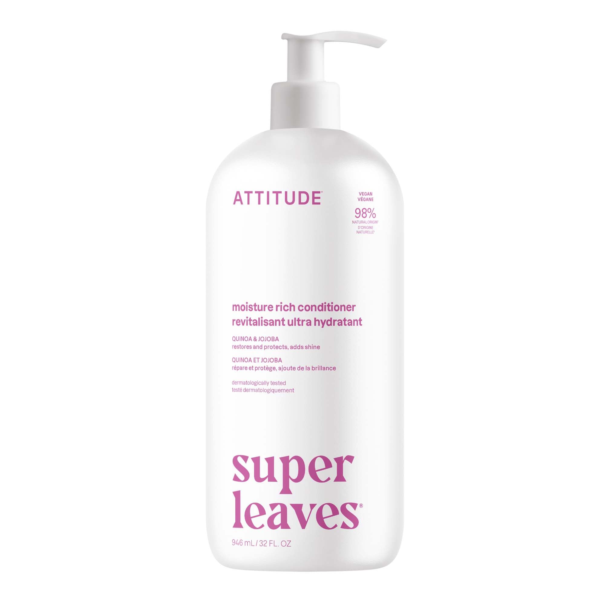 Acondicionador ATTITUDE en botella, ofrece hidratación intensa para cabello seco.