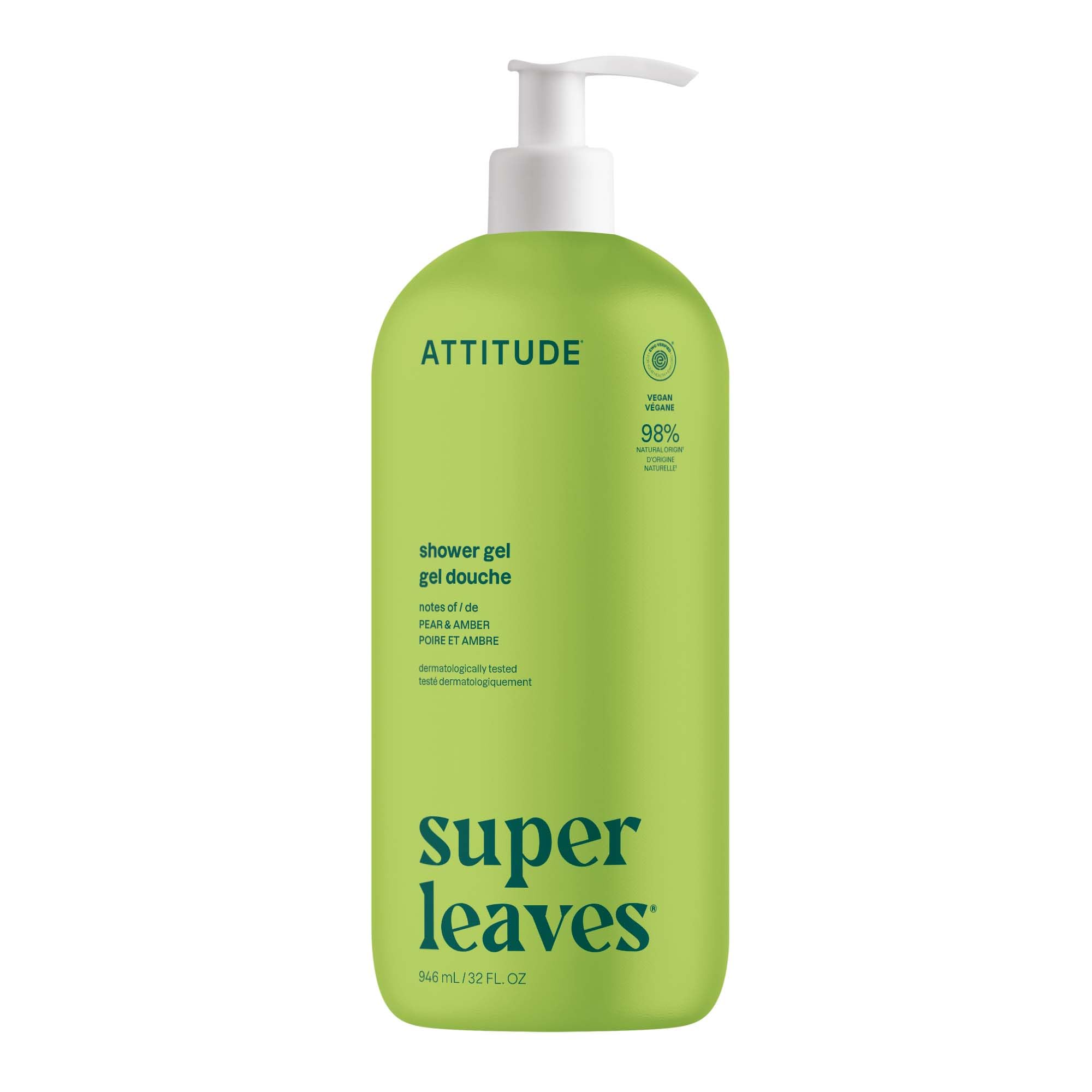 ATTITUDE Body Wash bottle front displaying pear-amber scent for daily cleanse.