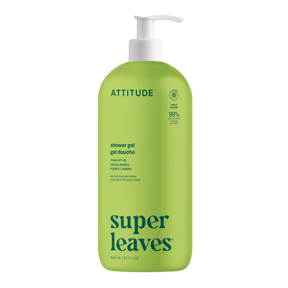 ATTITUDE Body Wash bottle front displaying pear-amber scent for daily cleanse.