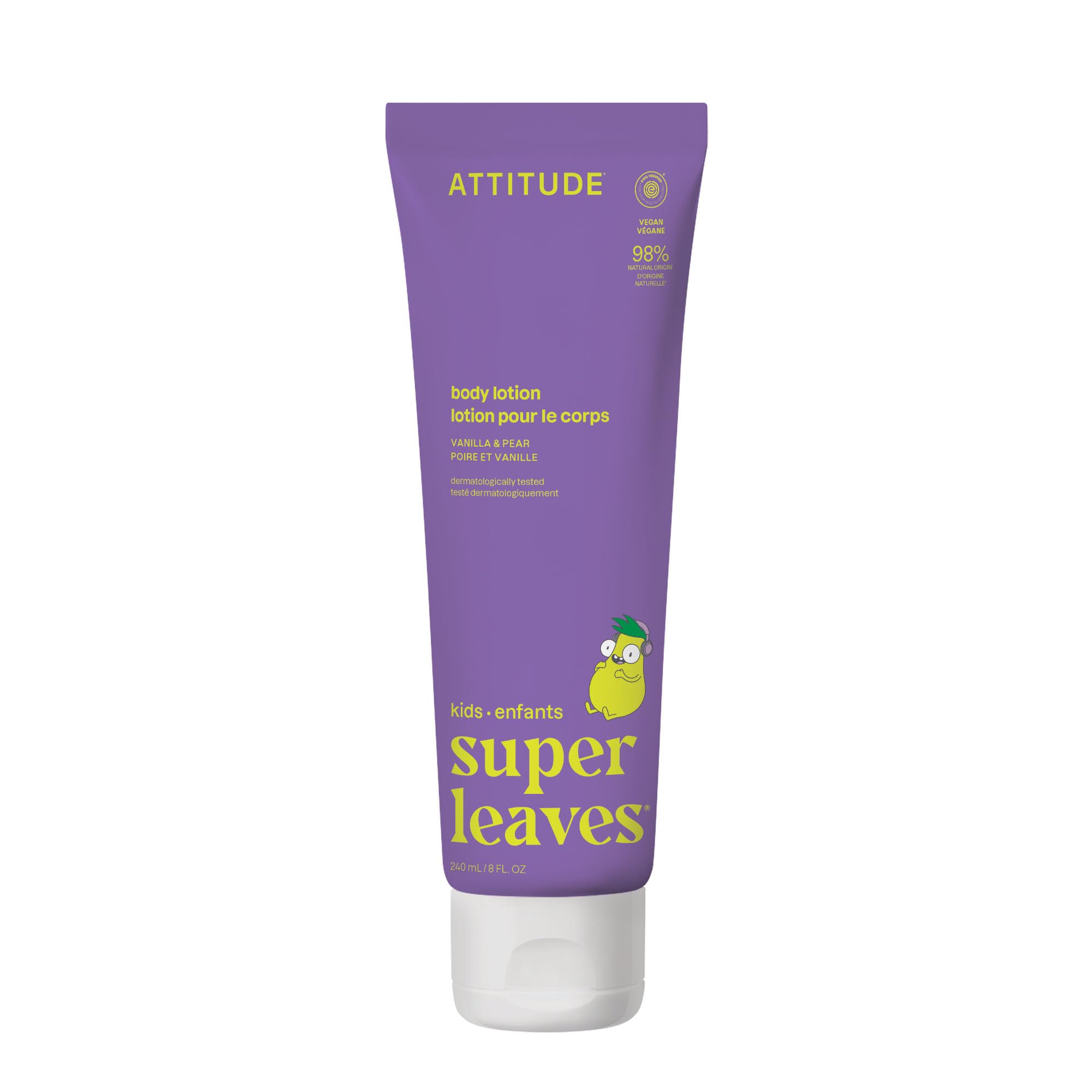 ATTITUDE crema corporal para niños, fragancia vainilla-pera, hidratación suave para piel delicada.