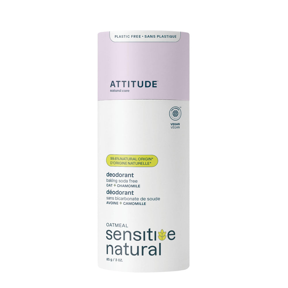 Desodorante ATTITUDE sin bicarbonato con envase biodegradable, ideal para piel sensible.