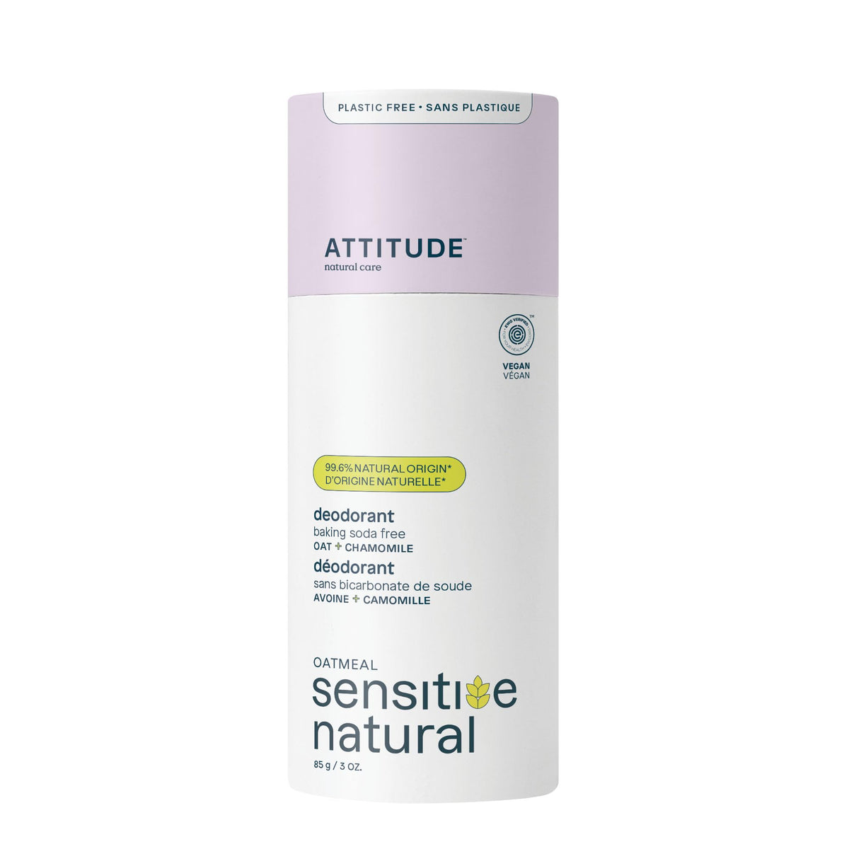 Desodorante ATTITUDE sin bicarbonato con envase biodegradable, ideal para piel sensible.