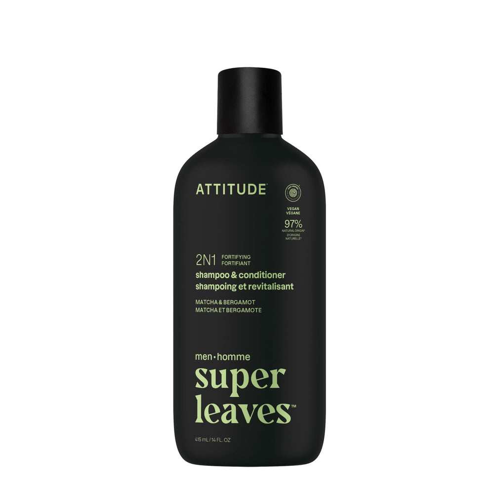 ATTITUDE dos en uno shampoo-condicionador frente de la botella, cuidado diario para cabello frágil.
