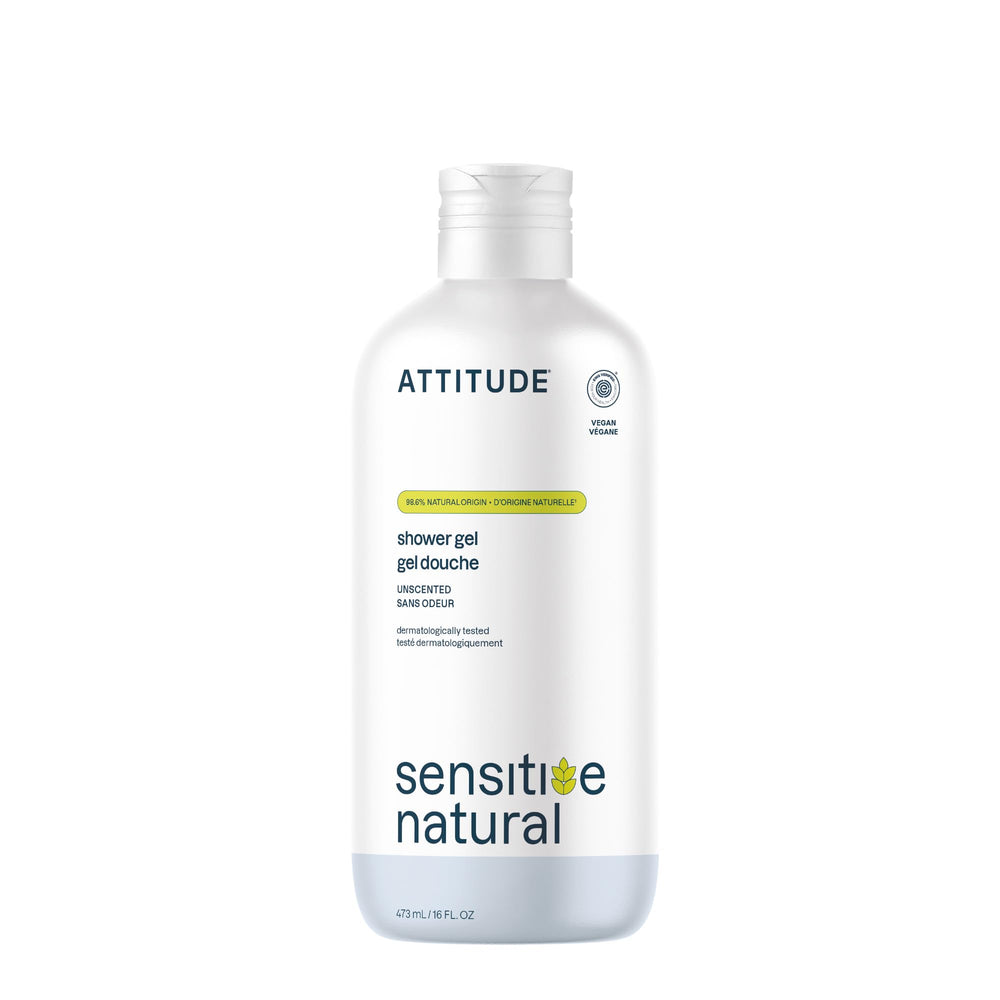 ATTITUDE gel de ducha sin fragancia en botella, ideal para piel sensible.