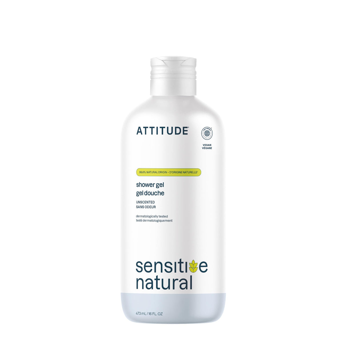 ATTITUDE gel de ducha sin fragancia en botella, ideal para piel sensible.