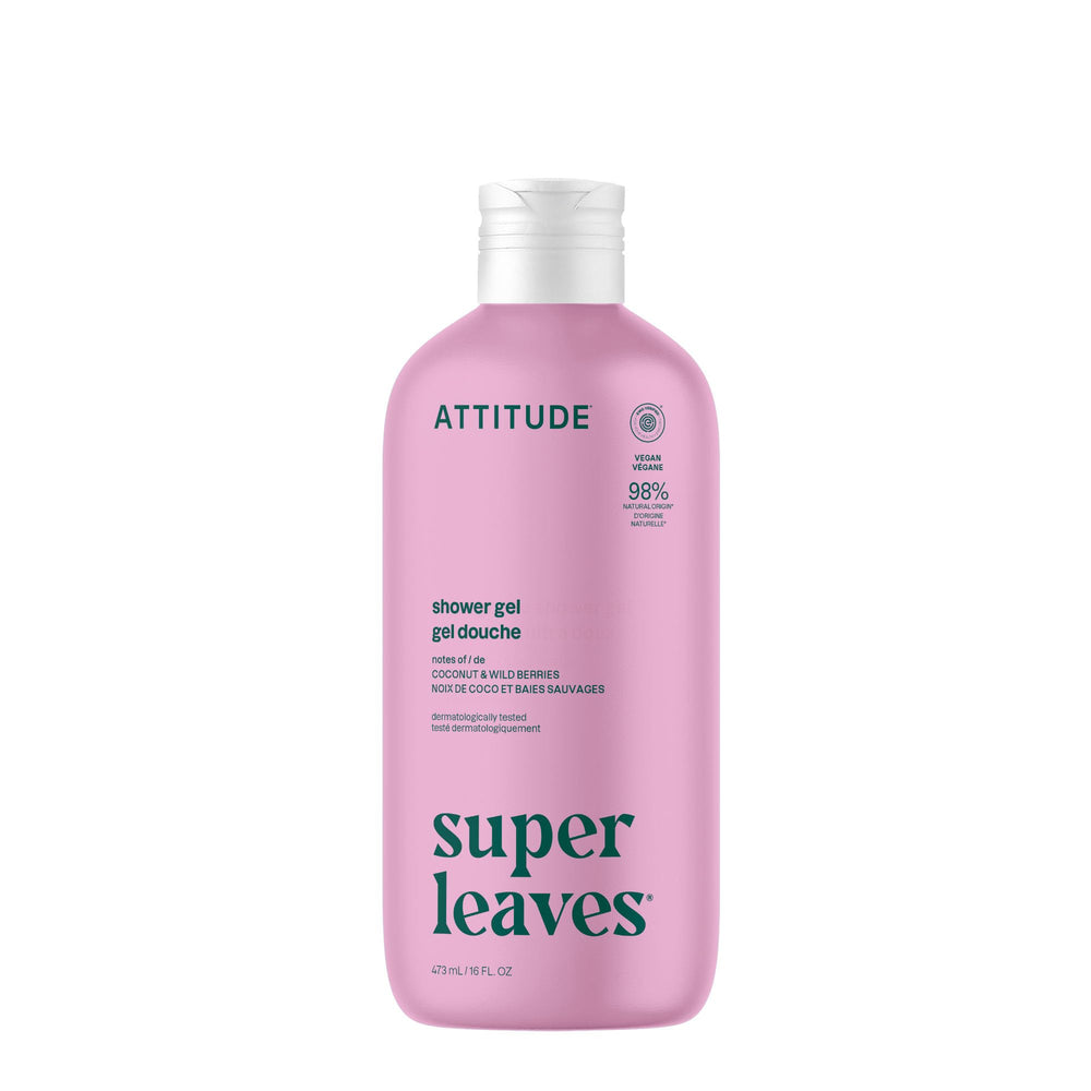 ATTITUDE gel de baño botella frontal, fragancia coco y bayas para una ducha revitalizante