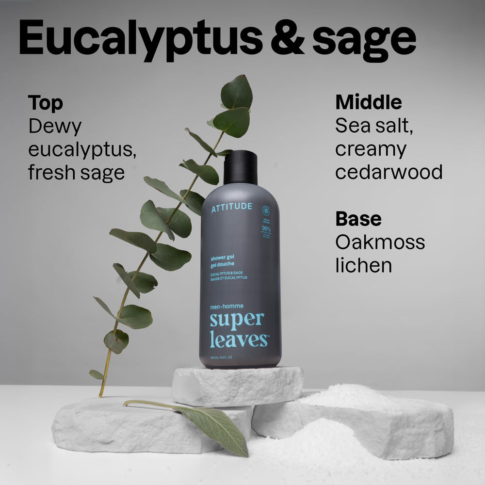 ATTITUDE gel de ducha hombres fragancia eucalipto y salvia, aroma revitalizante.