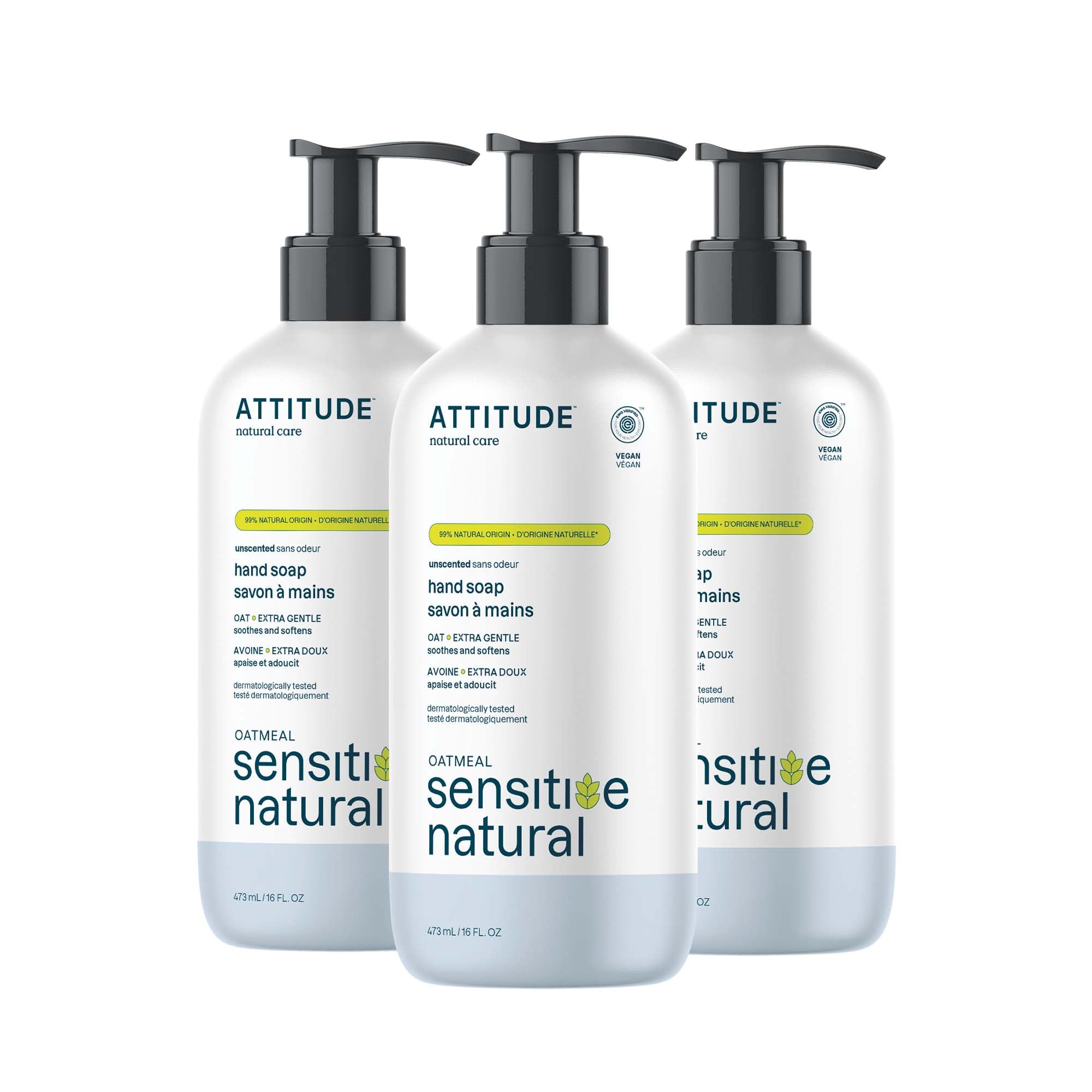 ATTITUDE hand soap with oat in bottle provides gentle cleansing for sensitive skin.