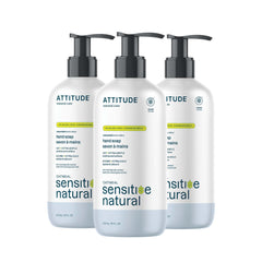 ATTITUDE hand soap with oat in bottle provides gentle cleansing for sensitive skin.